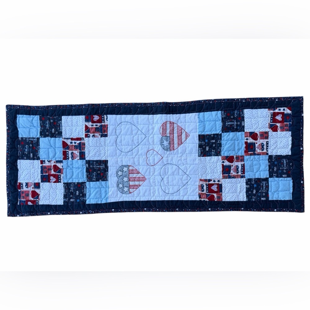 NEW Americana Table Runner 53”x20” Handmade/Hand Embroidered/Quilted, Reversible